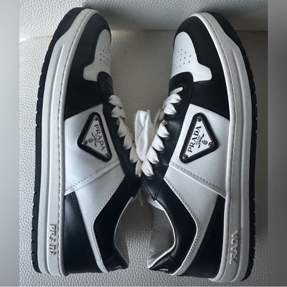 PRADA DOWNTOWN PERFORATED LEATHER SNEAKER - BLACK & WHITE [SIZE 8]